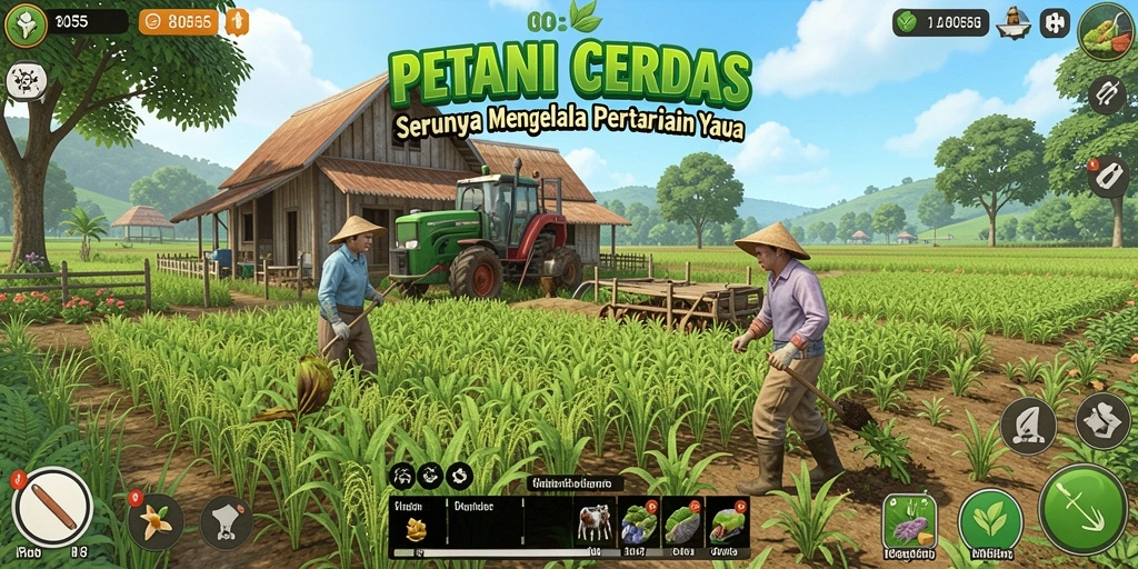 Screenshot utama 8055 menampilkan petani mengelola ladang dengan penuh warna.