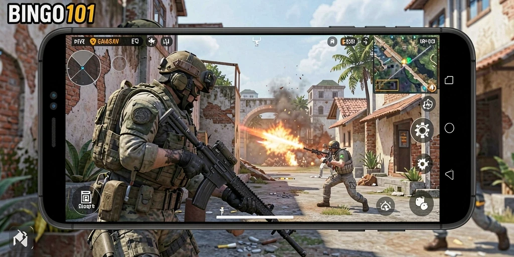 Screenshot utama BINGO101 menampilkan momen pertempuran FPS yang mendebarkan.