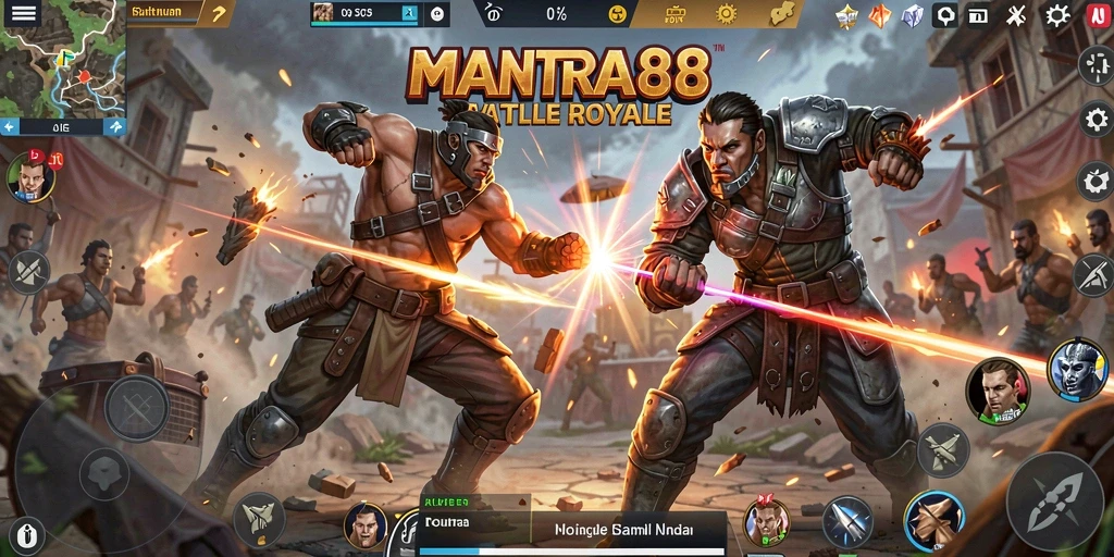 Tampilan layar gameplay seru dalam MANTRA88 saat bertempur di Battle Royale.