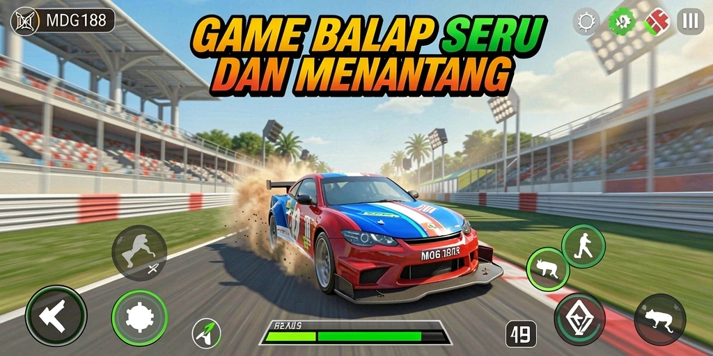 Screenshot MDG188 menunjukkan aksi balap mendebarkan di lintasan yang menantang.