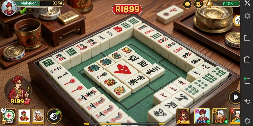Tampilan gameplay menarik dari game Mahjong RI889 dengan ubin berwarna cerah.