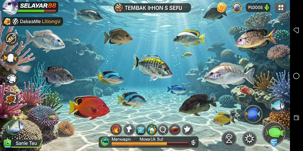 Menampilkan gameplay seru dalam SELAYAR88 dengan ikan berwarna-warni.