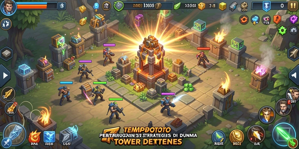 Screenshot gameplay TEMPOTOTO dengan menara yang strategis.